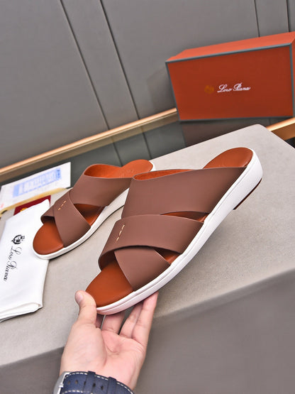 LP INTERWOVEN STRAPS SLIPPERS CHOCOLATE CALFSKIN