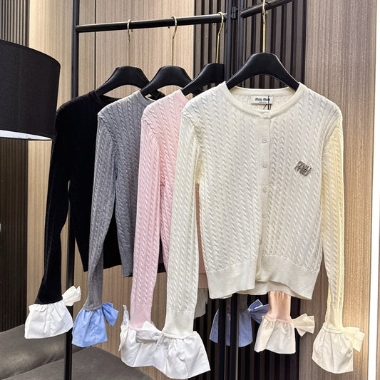Miumiu 2025  Cardigan With Bow Cuff Cotton Wool