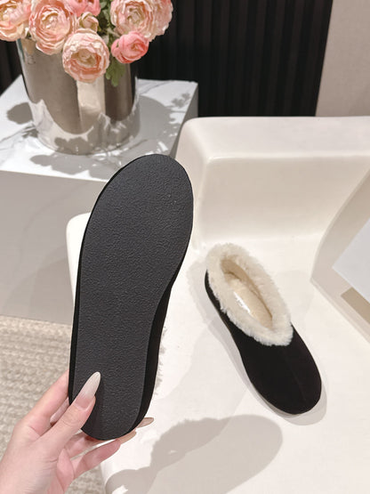 The Row 2025 Fur-lined Flat Shoe Black mix White Suede Wool 560505