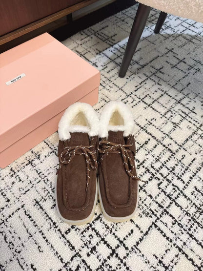 Miu Ankle Boots Chocolate Brown Fleece Lining Cow Suede