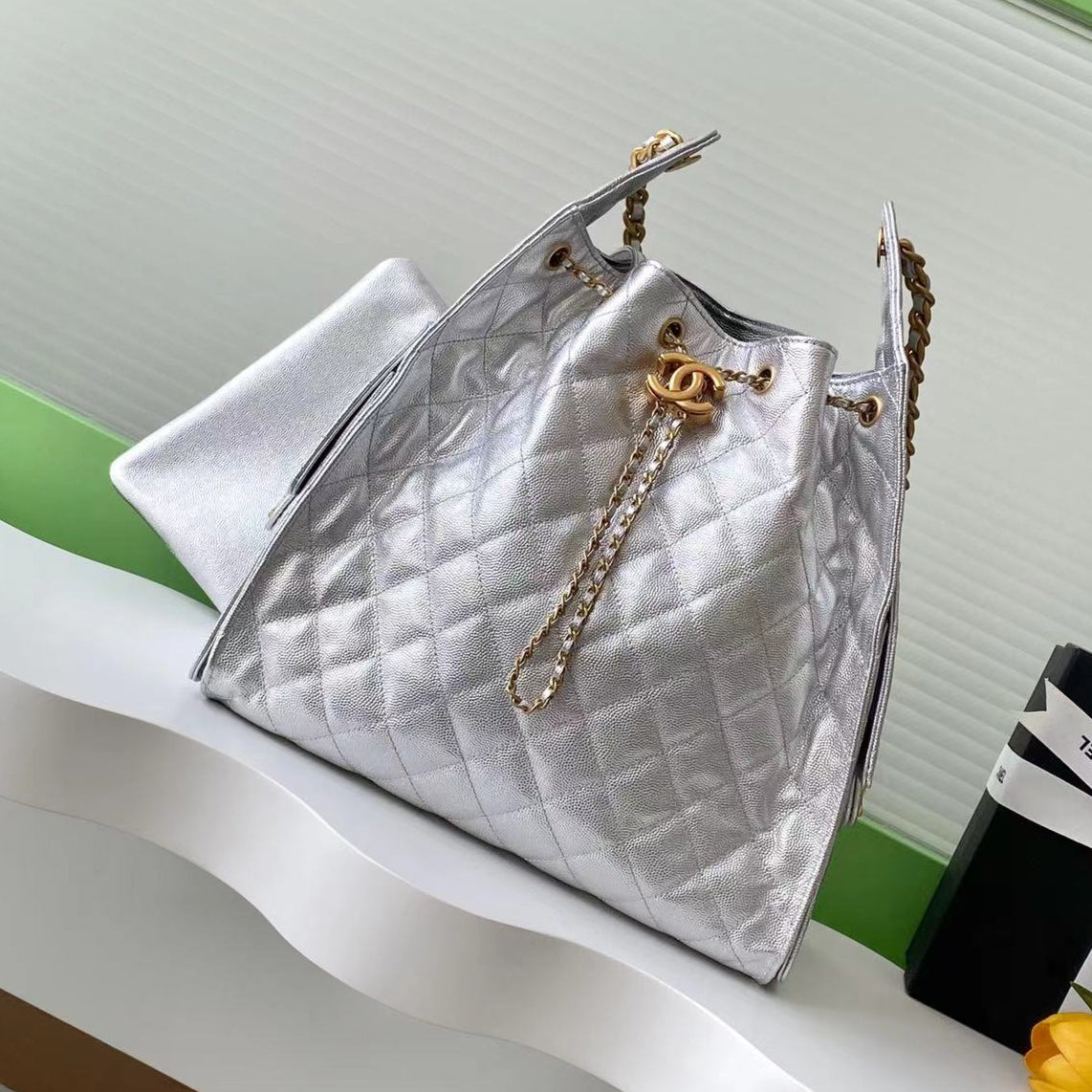 CC 25C Hobo Bags 40cm Silver Metalic Grained Calfskin