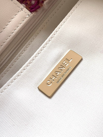 CC 2025 Bag Pink White Tweed Fabric Leather