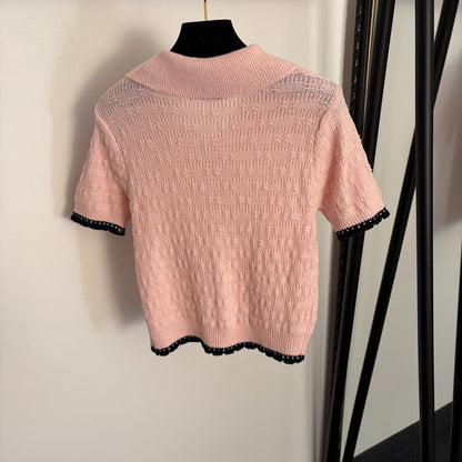 Chanel 2026 Pan Collar Knitted Short Sleeve Black Pink White Wool 120314