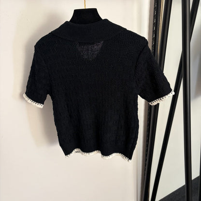 Chanel 2026 Pan Collar Knitted Short Sleeve Black Pink White Wool 120314