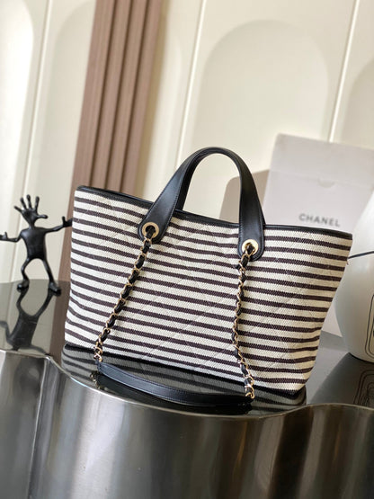 Chanel 2026 Deauville Tote Bag 46cm Black mix White Canvas Leather 331127