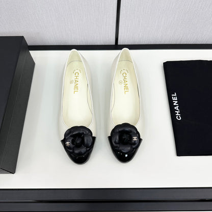 ballet flat flower cream calfskin black patent calfskin