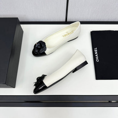 ballet flat flower cream calfskin black patent calfskin