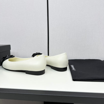 ballet flat flower cream calfskin black patent calfskin