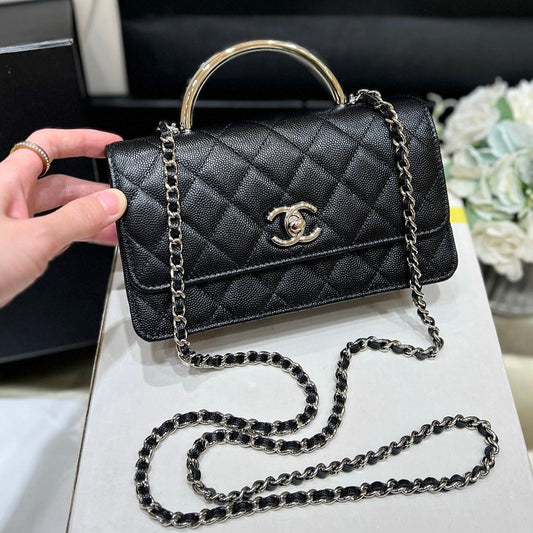 CC 25P Flap Bag Top Handle 18.5cm Black Grained Calfskin