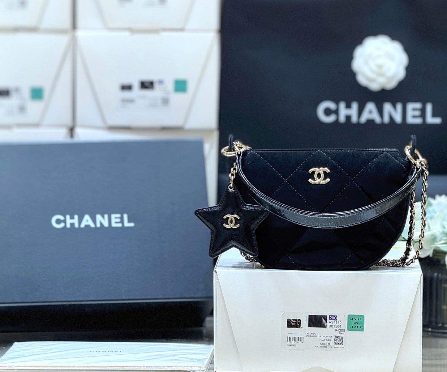 Chanel 2025 Clutch With Chain Black Gold Velvet Leather 346012