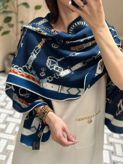 Chevaux Dechaines Shawl 135 CM IN Dark Blue Colorful Cashmere Silk 373682