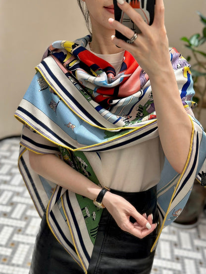 Locomotion Shawl 140 CM In Light Blue Colorful Cashmere And Silk 384147