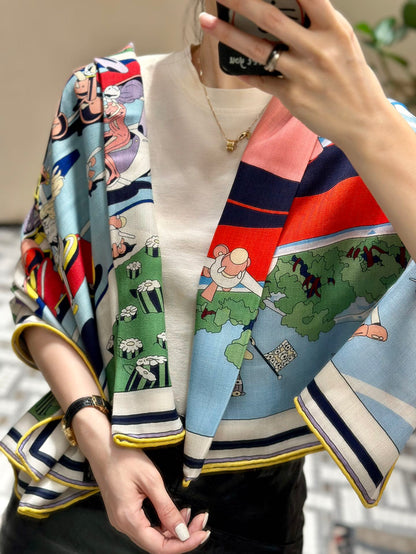 Locomotion Shawl 140 CM In Light Blue Colorful Cashmere And Silk 384147