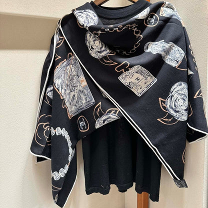CC Square Scarf 140 CM In Black White Cashmere Silk 408655