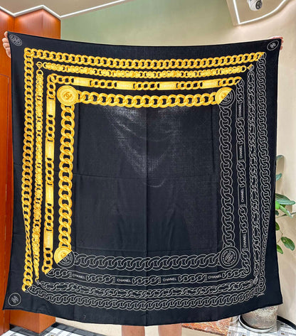 CC Square Scarf 140 CM In Black Mix Yellow White Velvet Fabric 420128