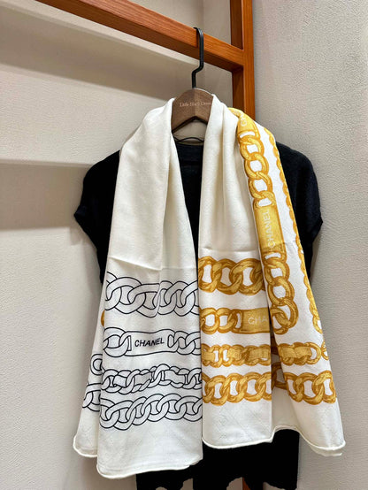 CC Square Scarf 140 CM In White Mix Yellow Black Velvet Fabric 420129