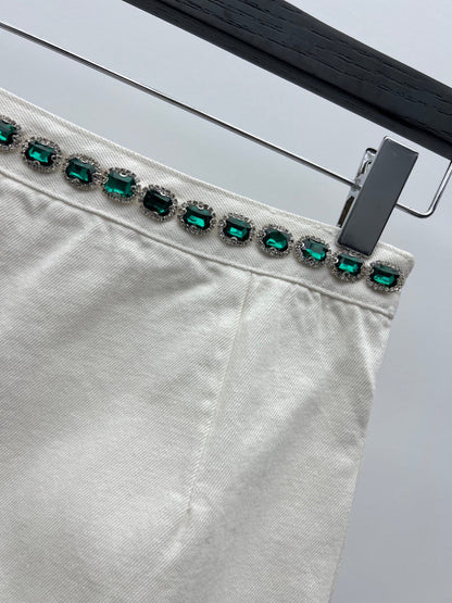 Miumiu 2026 Emerald-studded Midi Skirt White Green Cotton