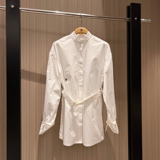 CD Stand-up Collar Long-sleeved Shirt Dress White Cotton