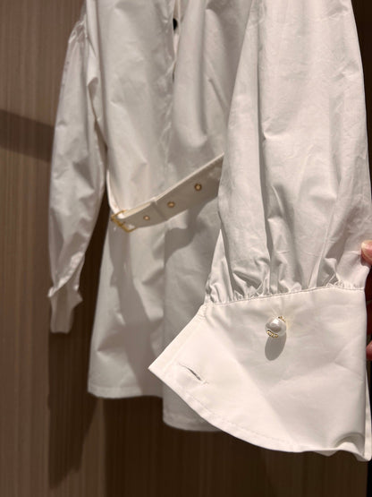 CD Stand-up Collar Long-sleeved Shirt Dress White Cotton