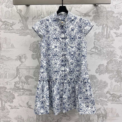 CD Short Dress White Cotton Muslin with Blue Butterfly Motif
