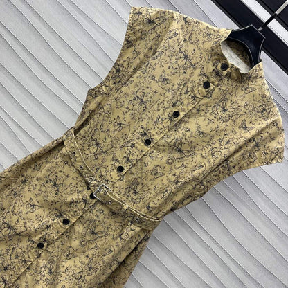 CD Short Belted Shirtdress Beige Cotton Gabardine with Black Motif