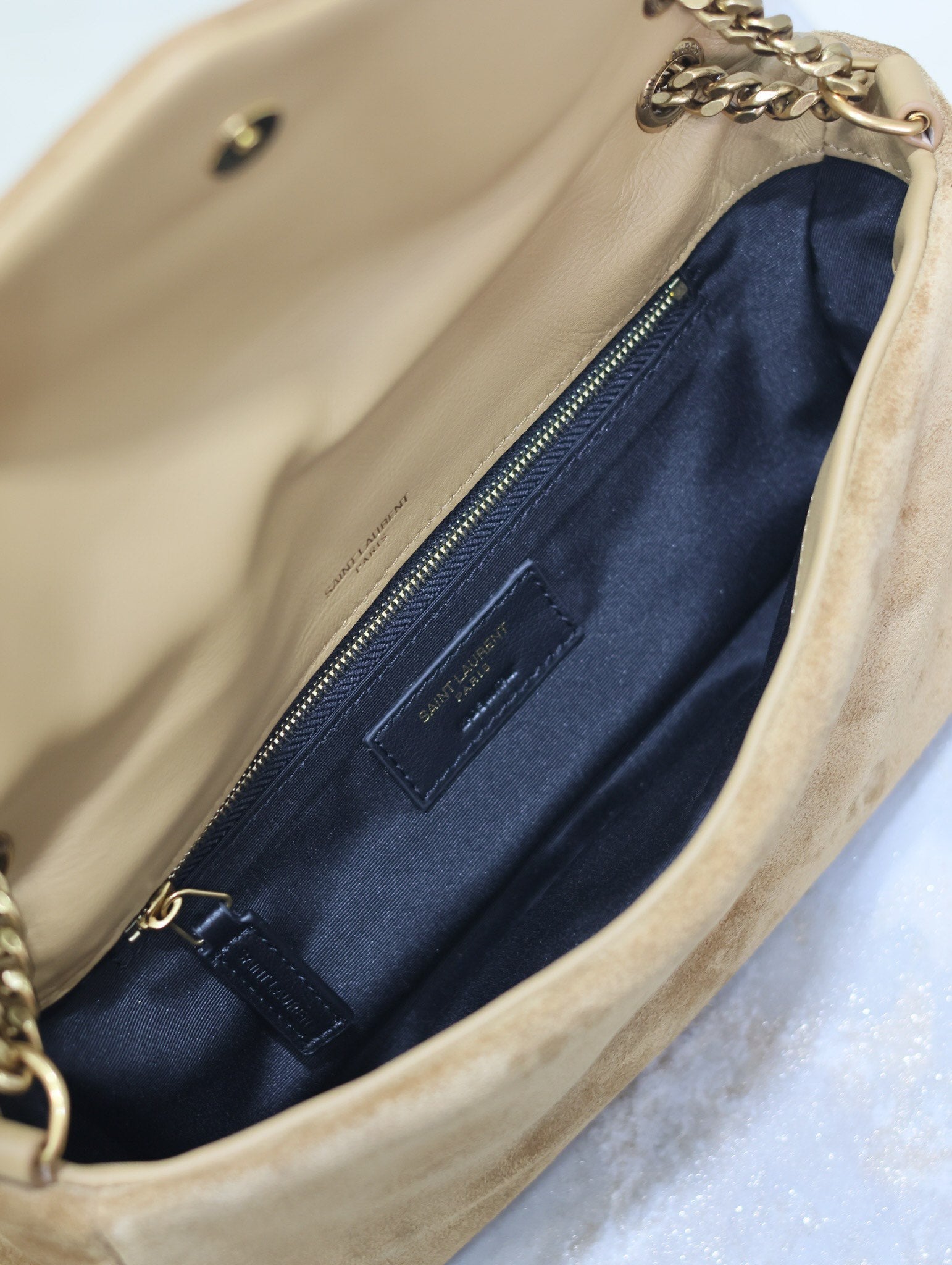 CALYPSO BAG 26 IN CIDER BROWN SUEDE GOLD HARDWARE