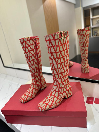 Valentino Garavani VLogo Tall Monogram High Boots 30mm In Beige Mix Red Canvas Fabric 992789