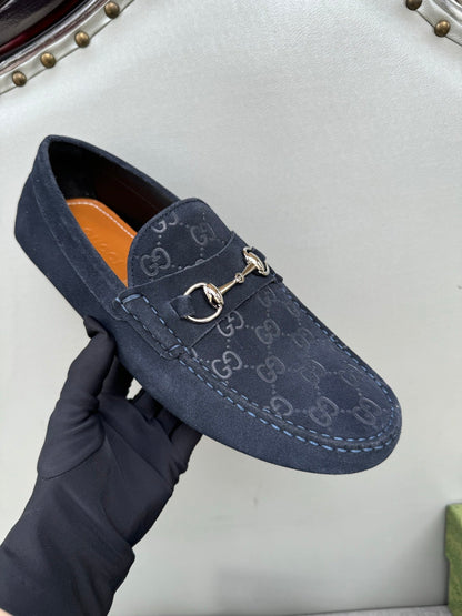 GG Men's Loafer Navy Blue Embossed Suede 555384