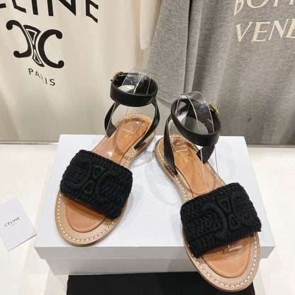LYMPIA SANDAL IN TRIOMPHE MACCRAMÃ‰ COTTON & CALFSKIN BLACK