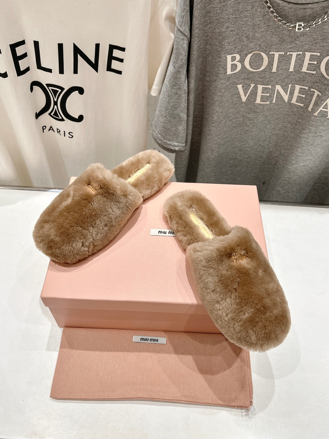 Miu Slippers Light Brown Soft Imported Wool And Fur