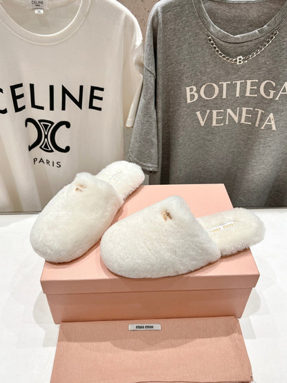 Miu Slippers White Soft Imported Wool And Fur