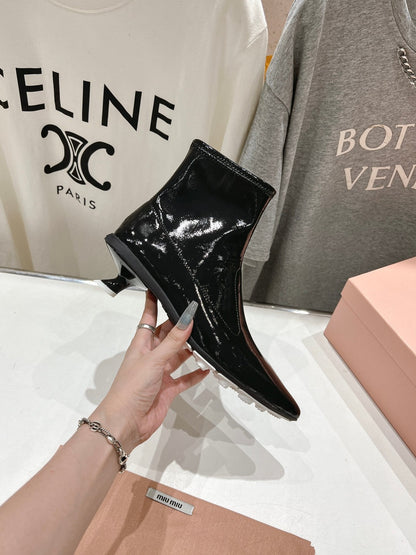Miu Ankle Boots Pointed Toe Glossy Black Lambskin