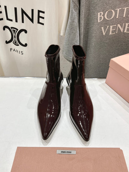 Miu Ankle Boots Pointed Toe Red Brown Lambskin