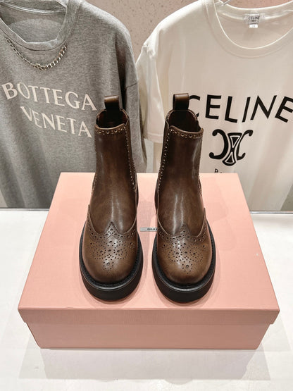 Miu Ankle Boots Coffee Brown Polished Calfskin