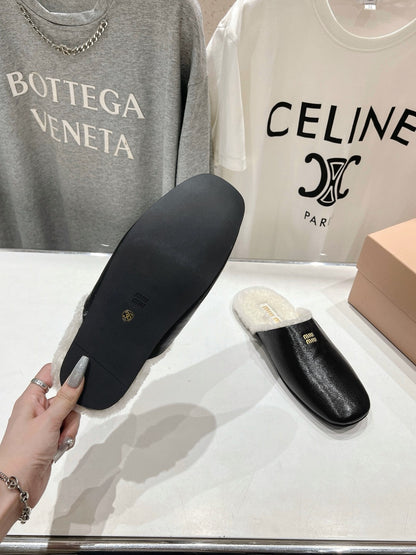 Miu Slippers Glossy Black Imported Sheepskin