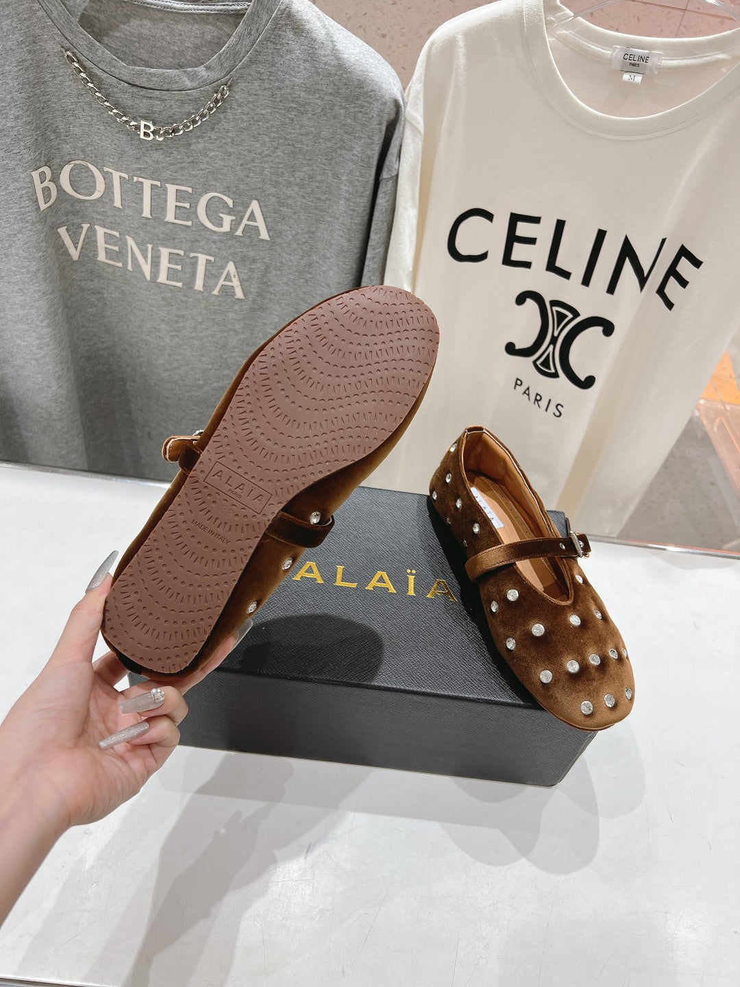 Alaila Ballet Flats In Moss Brown Velvet With Rhinestones 971998