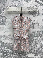 LV 25  Floral Print Stand-up Collar Sleeveless Dress Multicolor Poliester