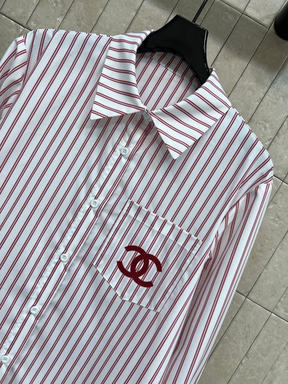 Chanel 2026 Logo Embroidered Striped Shirt Pink and Black Cotton 355062