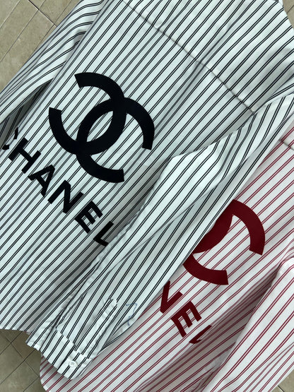 Chanel 2026 Logo Embroidered Striped Shirt Pink and Black Cotton 355062