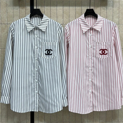 Chanel 2026 Logo Embroidered Striped Shirt Pink and Black Cotton 355062