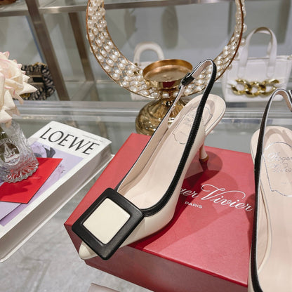 Belle Viv Metal Buckle Slingback Pumps 85 White Black Patent Leather