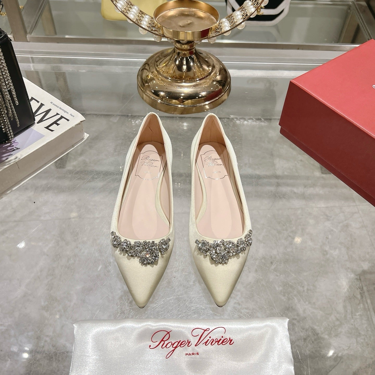 Viv 25 Crystal Diamond Buckle Flats Beige Silk Satin 235393