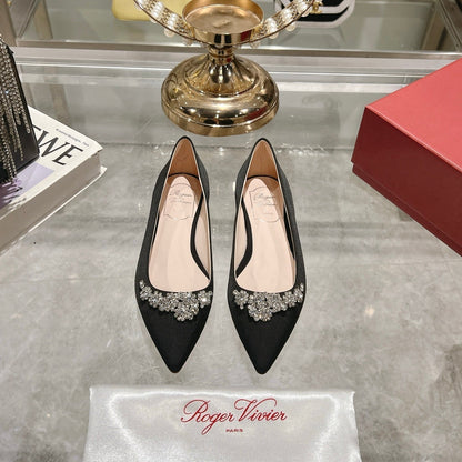 Viv 25 Crystal Diamond Buckle Flats Black Silk Satin 235396