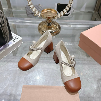 Miu 25C Mary Jane 75MM Beige Cream Mix Brown Fabric 235367
