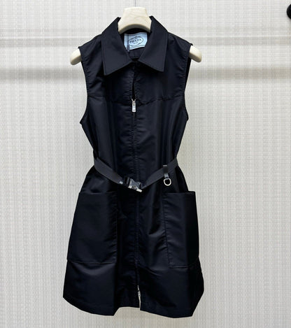 Prada 2026 Belted Sleeveless Utility Dress Black Polyamide 399118