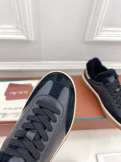 LP Tennis Walk Sneaker In Black Cowhide Lined With Wool Fleece 988262
