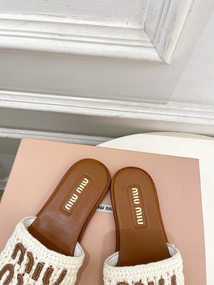 MIU Flat Slippers Brown White Knitted Fabric Sheepskin 631916