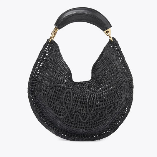 Chloe Summer Banana Shoulder Bag 36cm Black Raffia Leather