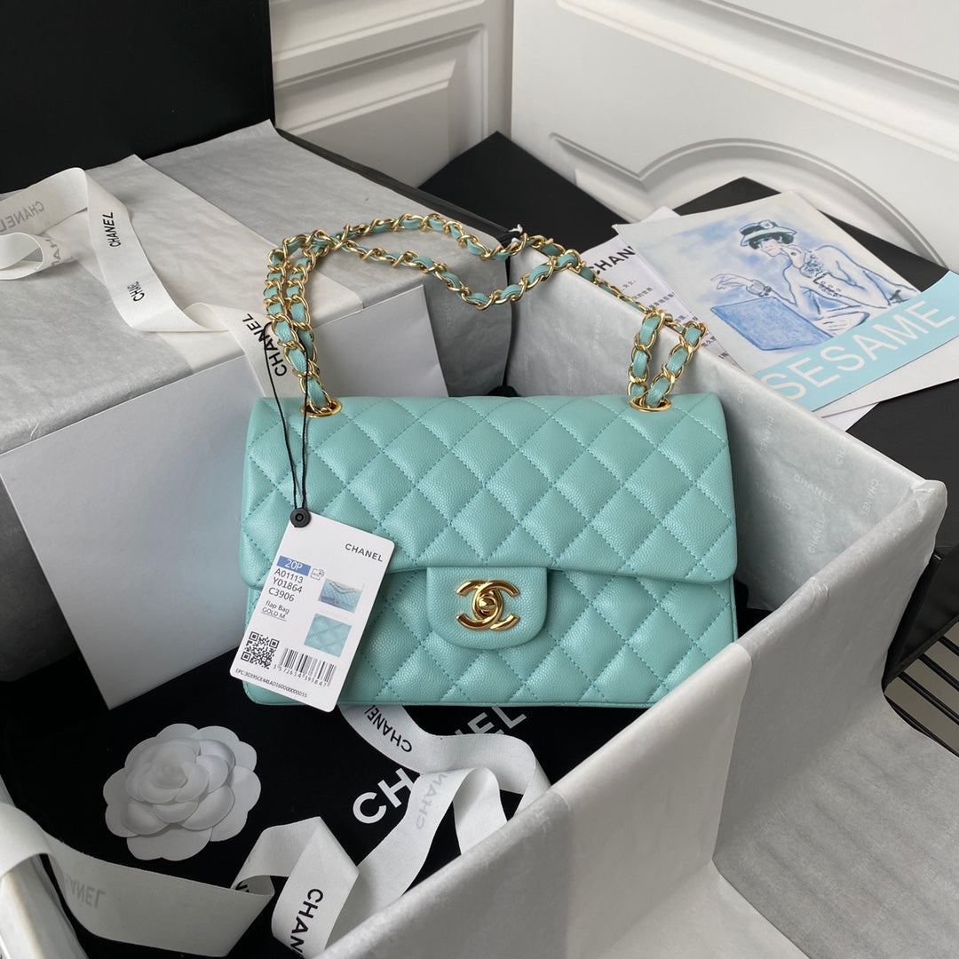 Medium Classic Flap Bag 23cm Blue Sky Caviar Gold Hardware
